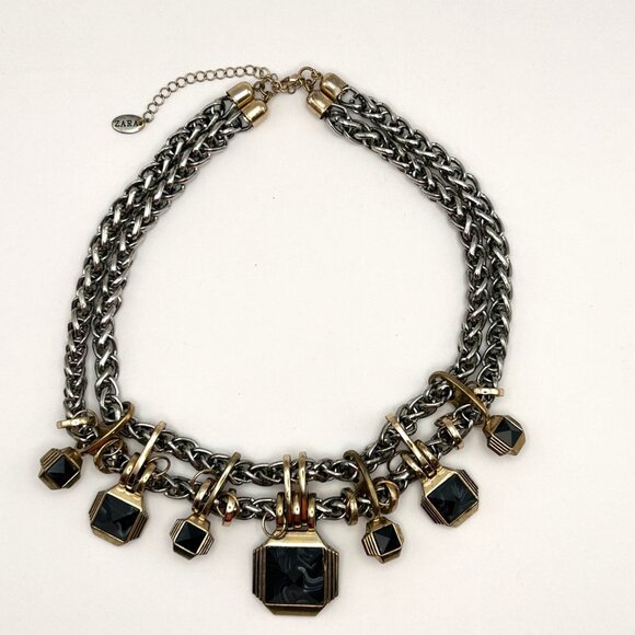Zara Statement Necklace Silver Gold Tone Chunky Chain Geometric Charms Bold - Picture 10 of 13